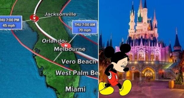 A weather map of Florida features a visibly sad Mickey Mouse standing near the glowing Cinderella Castle at Disney World, hinting at disappointment over missing Extended Evening Hours due to Nicole.