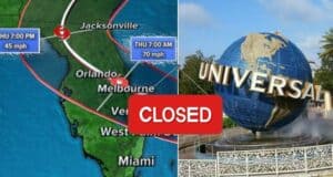 A weather map shows a hurricane approaching Florida, while the Universal Studios globe displays a bold red "CLOSED" sign, highlighting that Universal Orlando is shutting its gates due to Tropical Storm Nicole.
