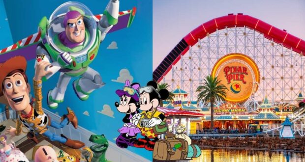 Buzz, Woody, and their pals soar through the air as Mickey and Minnie greet guests near Pixar Pier at Disney California Adventure, with the Incredicoaster roller coaster in the background.