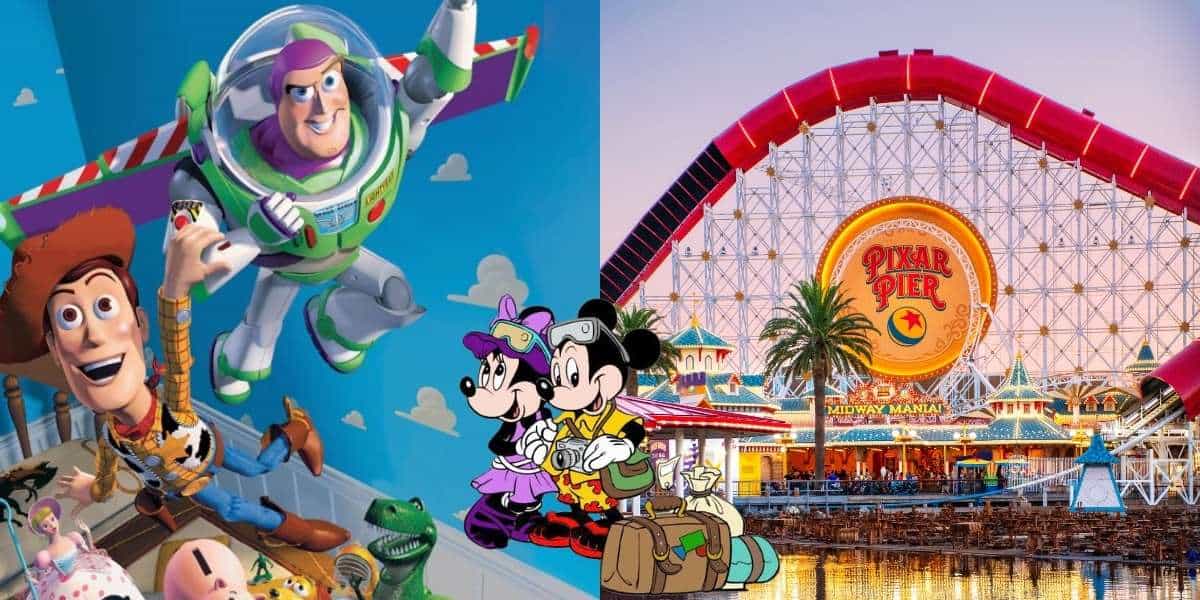 Buzz, Woody, and their pals soar through the air as Mickey and Minnie greet guests near Pixar Pier at Disney California Adventure, with the Incredicoaster roller coaster in the background.