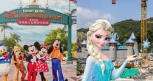 Beloved Disney characters welcome guests at the entrance of Hong Kong Disneyland, where Elsa stands beside a castle under construction, complete with cranes in the distance, offering a sneak peek at the enchanting Frozen Land rising in the park’s magical landscape.