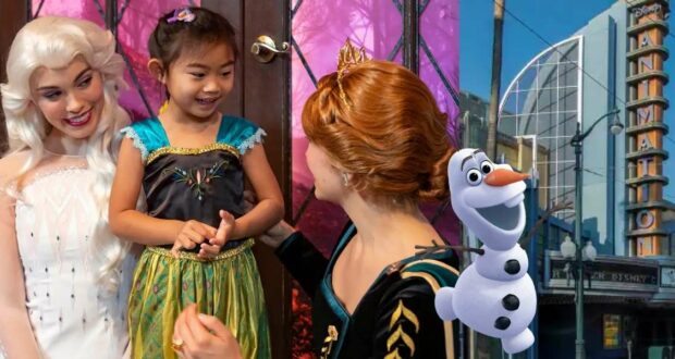 Elsa, Anna, and Olaf from Frozen pose with a happy child at Disney California Adventure, with the Hyperion Theater in the background.