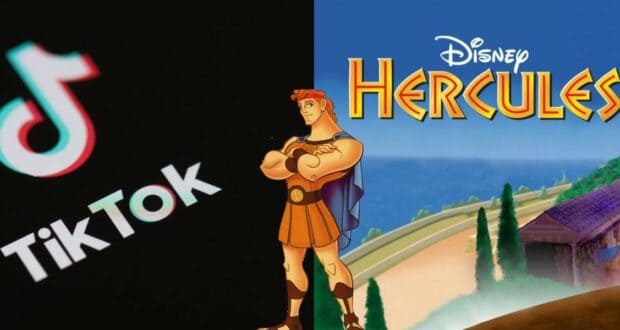 TikTok logo displayed on the left alongside Disney’s iconic Hercules title and character artwork on the right, in a split-screen format that evokes excitement for the new live action Hercules experience coming to Disney parks and entertainment venues.