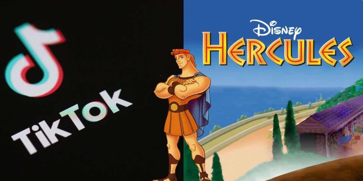 TikTok logo displayed on the left alongside Disney’s iconic Hercules title and character artwork on the right, in a split-screen format that evokes excitement for the new live action Hercules experience coming to Disney parks and entertainment venues.