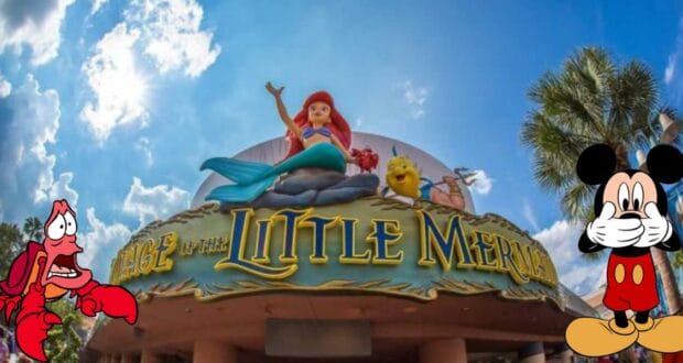 Ariel statue crowns the vibrant "Little Mermaid" marquee, flanked by playful illustrations of Sebastian and Mickey Mouse, inviting guests to immerse themselves in the enchantment of Voyage of the Little Mermaid at Disney’s Hollywood Studios.