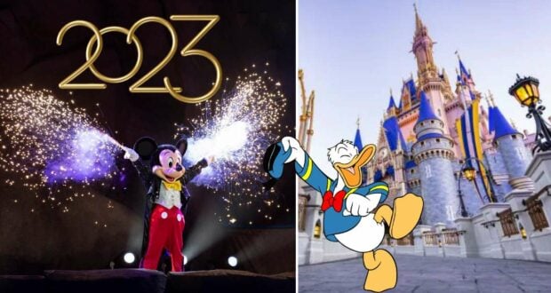 Mickey Mouse dazzles under a burst of fireworks and the bold “2023” sign, while Donald Duck greets guests near the iconic castle at Walt Disney World’s 2023 celebration.