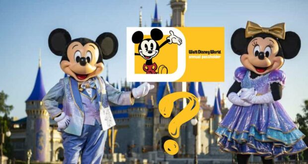 Mickey and Minnie Mouse greet guests in front of the iconic Disney castle, with the Disney annual passholder logo and a bold question mark highlighting the buzz around Walt Disney World Annual Pass Sales.