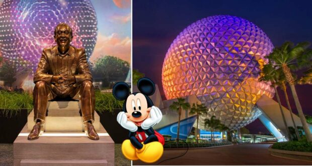 Walt the Dreamer statue stands proudly beside Mickey Mouse in front of Epcot’s glowing geodesic sphere at dusk, framed by palm trees and magical evening lights.