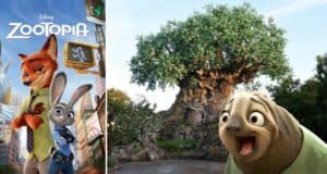 Zootopia poster featuring Nick Wilde and Judy Hopps alongside Flash the sloth, set against the lush backdrop of Disney’s Animal Kingdom, celebrating the Zootopia experience in the park.