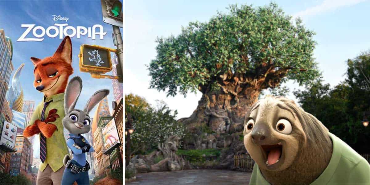 Zootopia poster featuring Nick Wilde and Judy Hopps alongside Flash the sloth, set against the lush backdrop of Disney’s Animal Kingdom, celebrating the Zootopia experience in the park.