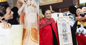 On the left, Alice Davis reviews her iconic costume sketches; on the right, she stands at Disneyland alongside her artwork and Mickey Mouse, celebrating her imaginative legacy in Disney parks.