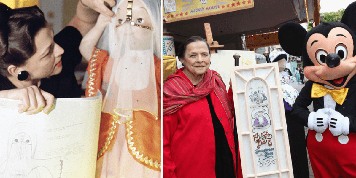 On the left, Alice Davis reviews her iconic costume sketches; on the right, she stands at Disneyland alongside her artwork and Mickey Mouse, celebrating her imaginative legacy in Disney parks.