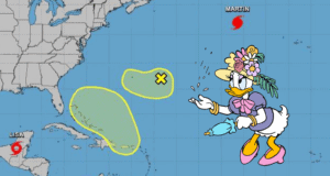 Daisy Duck, dressed for adventure, stands beside a hurricane map inside a lively Disney park attraction, pointing out storms named Lisa and Martin in true storytelling style evocative of a thrilling Disney weather quest.