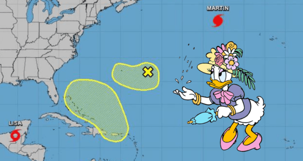 Daisy Duck, dressed for adventure, stands beside a hurricane map inside a lively Disney park attraction, pointing out storms named Lisa and Martin in true storytelling style evocative of a thrilling Disney weather quest.