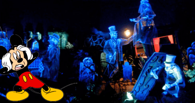 Mickey Mouse appears spooked as he encounters glowing blue ghosts drifting through a shadowy, atmospheric graveyard, capturing the thrilling chills of a Disney World adventure that feels even more mysterious than the Haunted Mansion.