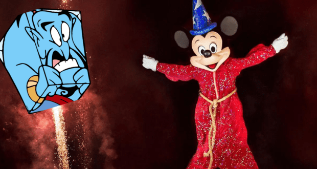 Mickey Mouse in his iconic red robe and blue sorcerer’s hat takes center stage as fireworks light up the night, with Genie from Aladdin beaming in surprise nearby—bringing the dazzling spectacle of Fantasmic’s Lightning Lane to life at Disney World.