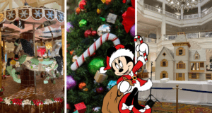 At Disney’s Grand Floridian Resort, a whimsical gingerbread carousel spins beside Minnie Mouse in her Santa hat and an enormous gingerbread house, all coming together for a dazzling holiday display beloved by Disney fans.