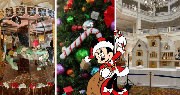 At Disney’s Grand Floridian Resort, a whimsical gingerbread carousel spins beside Minnie Mouse in her Santa hat and an enormous gingerbread house, all coming together for a dazzling holiday display beloved by Disney fans.