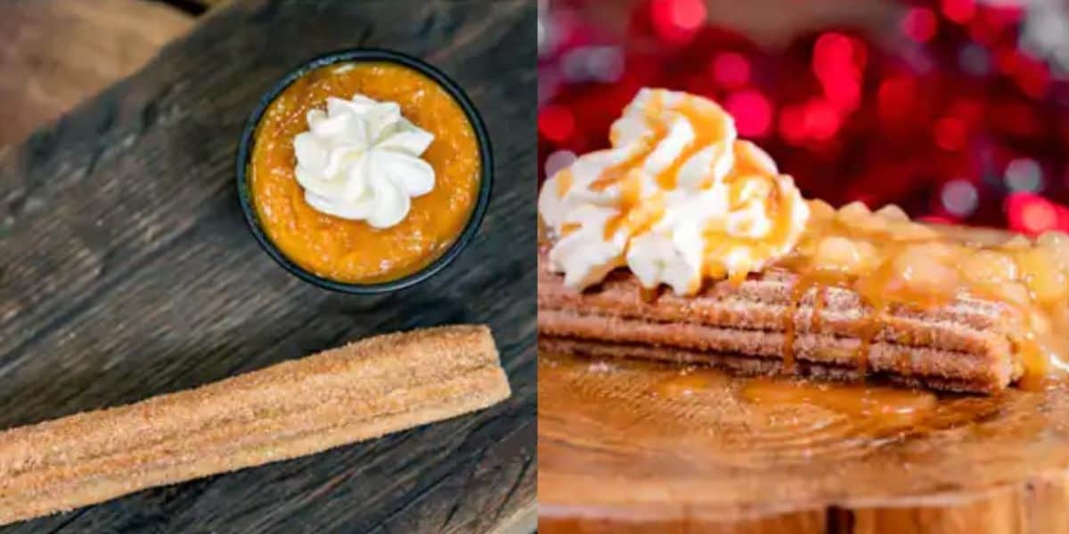 Left side: A Disney Christmas-style churro on a wooden board next to a bowl of dipping sauce topped with whipped cream. Right side: Churros drizzled with caramel sauce and whipped cream, placed on a wooden surface, set against a festive red background.