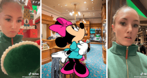 At a Disney store, a guest in a green jacket browses while an animated Minnie Mouse appears front and center, drawing attention to the latest price hike on iconic Minnie ears.