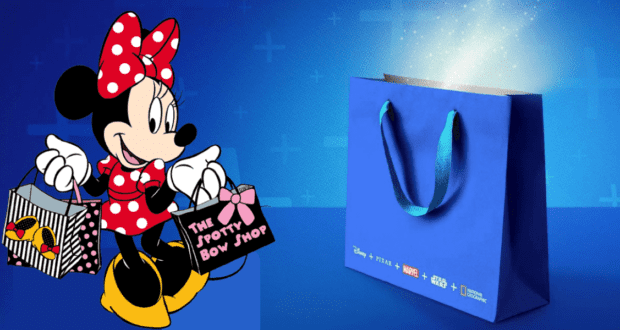 Minnie Mouse, with her signature style, cheerfully holds shopping bags beside a glowing blue Disney+ shopDisney-themed bag against a vibrant blue backdrop, capturing the excitement of Disney shopping magic.