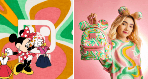 Minnie Mouse and Daisy Duck show off their iconic dresses against a backdrop of retro swirls, while a guest channels the magic in a coordinating swirly shirt, Minnie ears, and themed backpack—her Disney Loungefly perfectly completing this whimsical park-ready look.