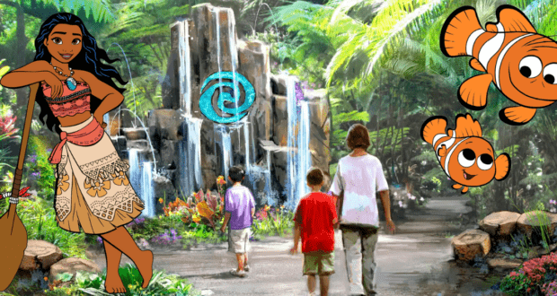 Guests explore Moana’s Journey of Water at EPCOT, walking jungle paths with cascading waterfalls alongside Moana and two orange clownfish from Finding Nemo.