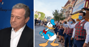 Split image: Disheartened guest on the left, Donald Duck as the centerpiece, and Disneyland Cast Members in face masks waving on the right—capturing Disney Parks' mood during Bob Iger’s hiring freeze.