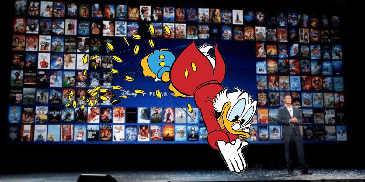 Scrooge McDuck dives into a pile of coins onstage at a Disney event, with a backdrop of large movie posters highlighting his famous adventures now streaming on Disney Plus, capturing that classic Disney magic for fans.