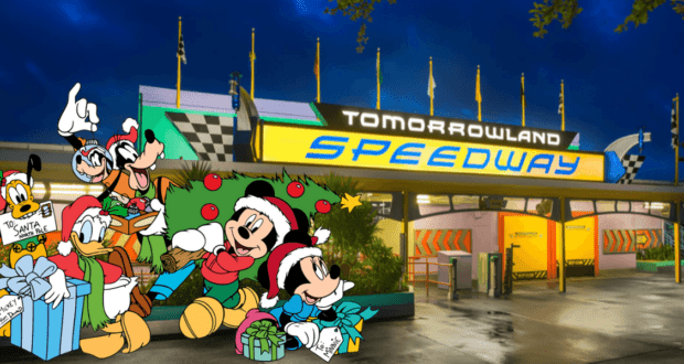 Mickey, Minnie, Goofy, and other beloved Disney characters dressed in festive Christmas attire beam with excitement as they hold brightly wrapped gifts and celebrate together in front of the illuminated Tomorrowland Speedway entrance at night in Magic Kingdom.