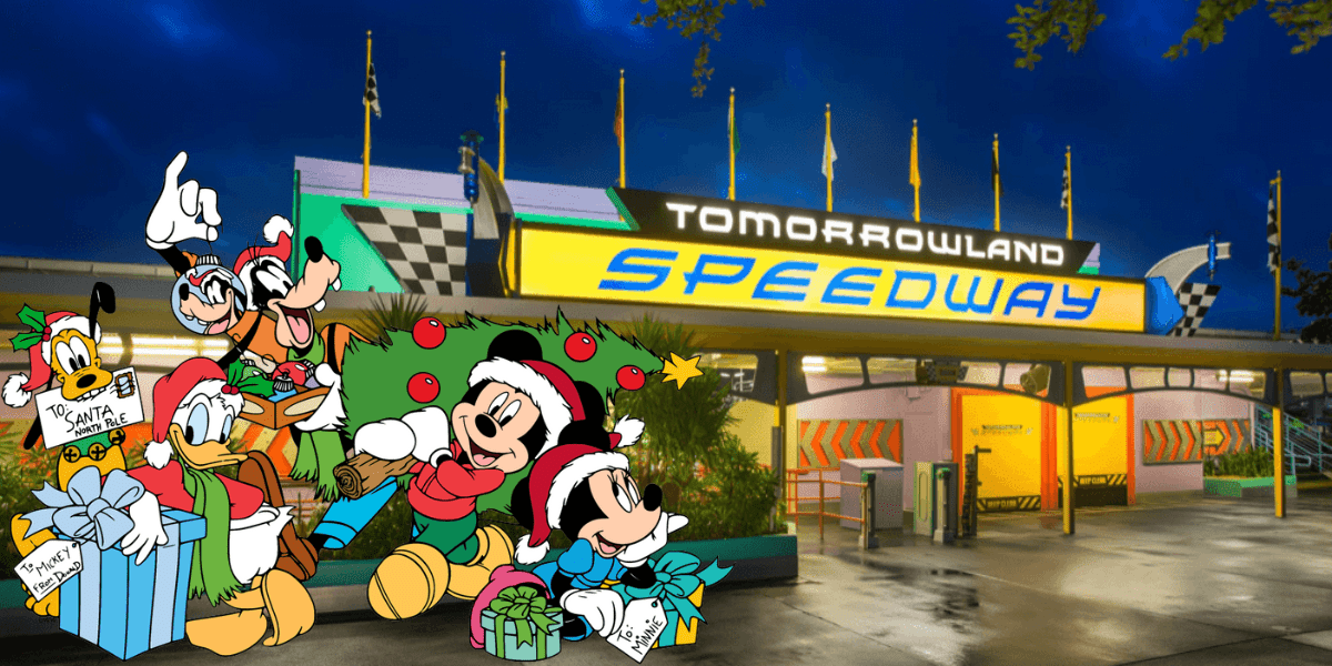 Mickey, Minnie, Goofy, and other beloved Disney characters dressed in festive Christmas attire beam with excitement as they hold brightly wrapped gifts and celebrate together in front of the illuminated Tomorrowland Speedway entrance at night in Magic Kingdom.