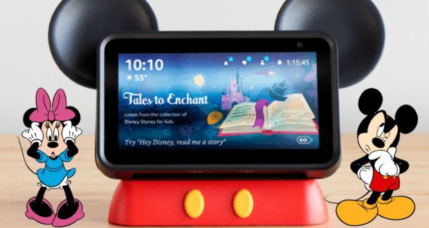 A Disney-themed smart display topped with Mickey Mouse ears features a storytime screen and is surrounded by animated Minnie and Mickey characters, capturing the magic of Disney Parks and inviting guests to say "hey Disney" to interact with their favorite characters.