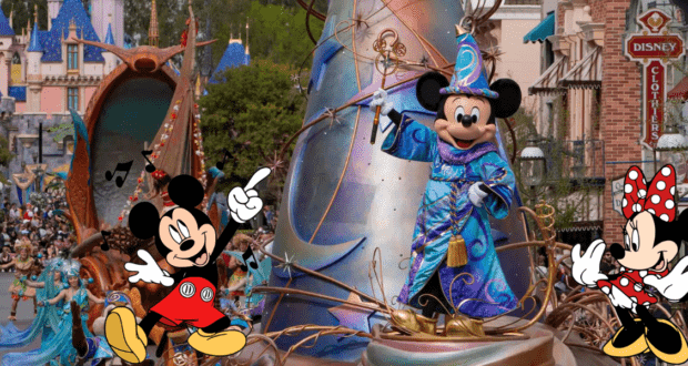 Mickey and Minnie lead the Magic Happens parade at Disneyland, featuring a vibrant Sorcerer Mickey float passing in front of the iconic castle.