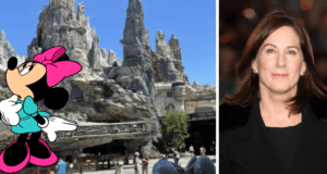 Minnie Mouse stands alongside a rocky landscape and a stylish woman with brown hair in a black coat, evoking classic Hollywood glamour reminiscent of Kathleen Kennedy, perfect for fans of Disney parks and cinematic magic.