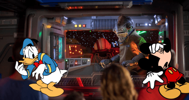 Donald Duck and Mickey Mouse appear anxious inside a high-tech spaceship cockpit, with an alien piloting the controls, capturing the excitement of a thrilling Rise of the Resistance moment as seen in Disney’s immersive attractions.