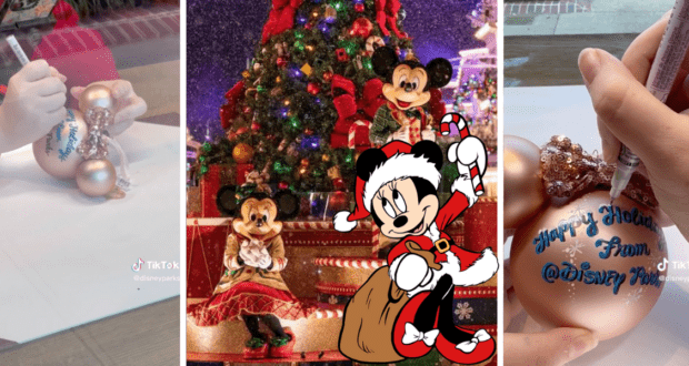 Guests decorate festive ornaments as Minnie and Mickey Mouse, dressed in holiday outfits, pose by a sparkling Christmas tree, capturing the magical spirit of Disney Springs Days of Christmas.