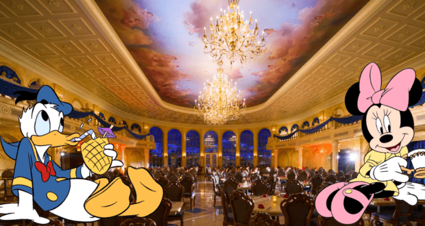 Donald Duck and Minnie Mouse enjoy the upscale atmosphere of a grand, chandelier-lit dining hall inside Magic Kingdom, complete with a beautifully painted ceiling. Surrounded by sophisticated décor, they experience the park’s refined side—where guests can relax and savor specialty drinks in style.