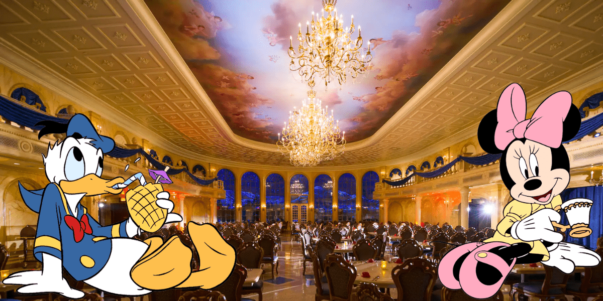 Donald Duck and Minnie Mouse enjoy the upscale atmosphere of a grand, chandelier-lit dining hall inside Magic Kingdom, complete with a beautifully painted ceiling. Surrounded by sophisticated décor, they experience the park’s refined side—where guests can relax and savor specialty drinks in style.