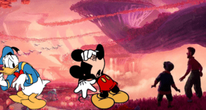 Donald Duck and Mickey Mouse appear visibly frustrated amidst a whimsical, otherworldly landscape, while theme park guests marvel at the exotic scenery—capturing the sense of wonder and confusion often experienced during Disney’s most surreal attractions.
