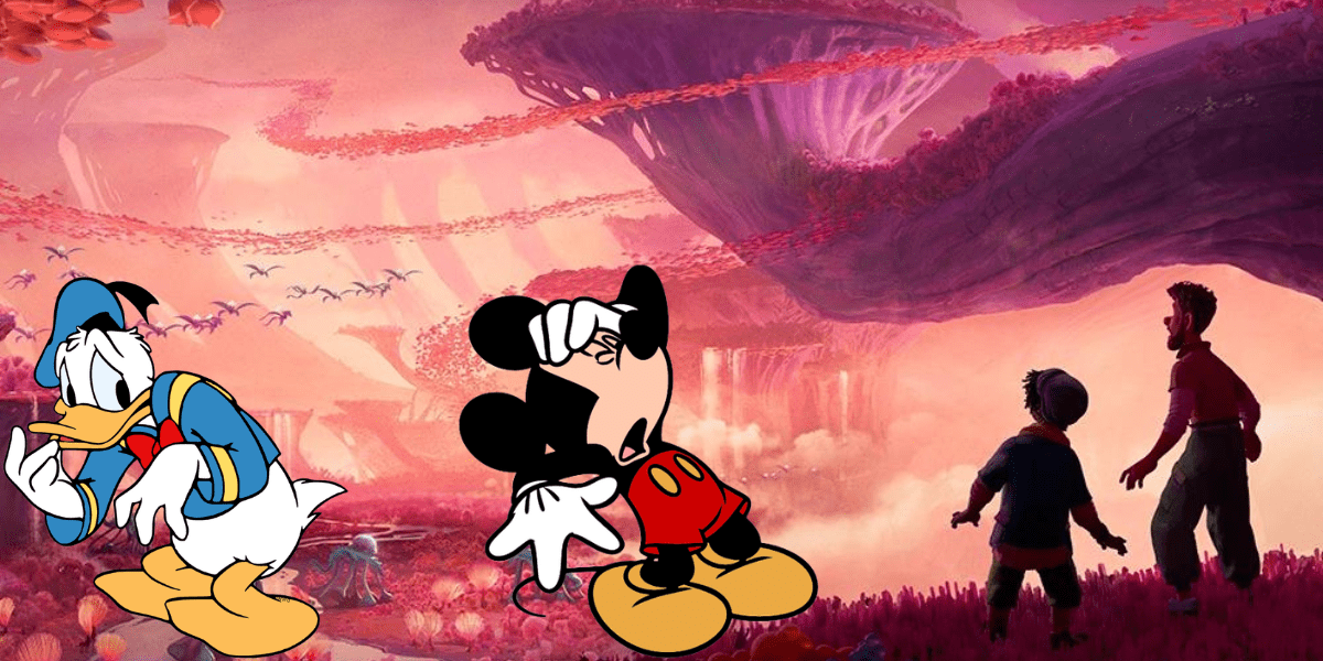 Donald Duck and Mickey Mouse appear visibly frustrated amidst a whimsical, otherworldly landscape, while theme park guests marvel at the exotic scenery—capturing the sense of wonder and confusion often experienced during Disney’s most surreal attractions.
