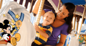 A joyful woman and child dressed in vibrant Disney apparel enjoy a ride on a whimsical carousel horse at Disney World, while Mickey Mouse adds extra magic from the left side of the scene.