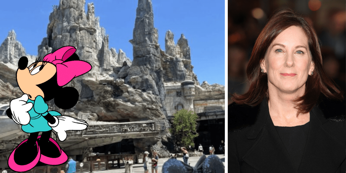 Minnie Mouse stands alongside a rocky landscape and a stylish woman with brown hair in a black coat, evoking classic Hollywood glamour reminiscent of Kathleen Kennedy, perfect for fans of Disney parks and cinematic magic.