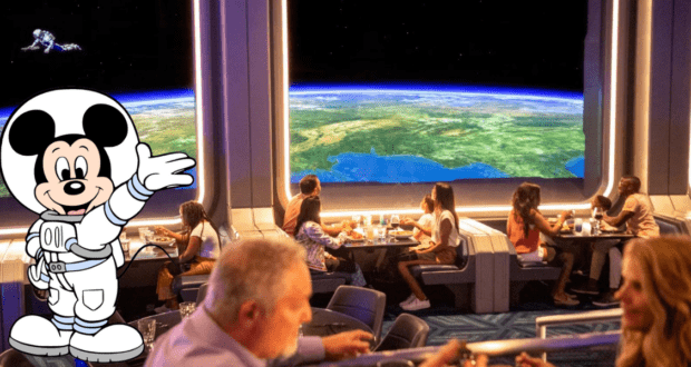 Mickey Mouse, dressed as an astronaut, waves to guests inside Space 220 Restaurant at EPCOT. Diners enjoy their meals with views of Earth through space station windows, as excitement builds for the upcoming Space 220 menu updates.