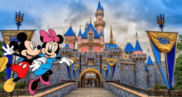 Mickey and Minnie Mouse greet guests in front of Disneyland’s vibrant castle, flanked by festive banners celebrating the arrival of lottery winners on their unforgettable magical adventure.
