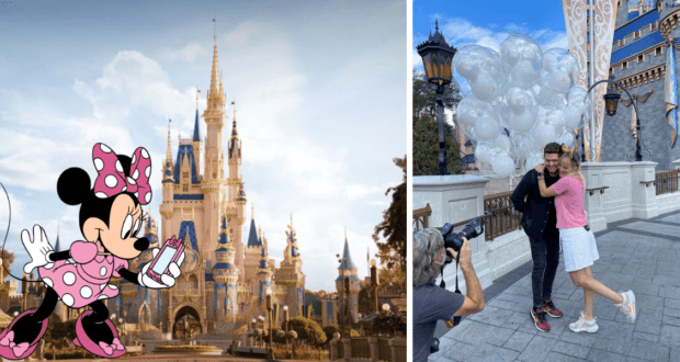 Minnie Mouse holding a lipstick joins Michael Bublé and Luisana Lopilato for a fun photo in front of the castle, surrounded by colorful balloons at Disney park.