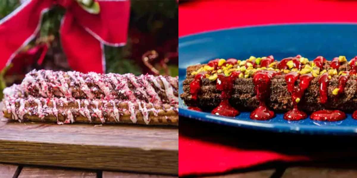 On the left, a stack of Disney Christmas churros drizzled with white and pink icing, placed on a wooden board. On the right, chocolate cake slices topped with red sauce and chopped nuts on a blue plate, set against a red background.