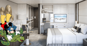 Mickey Mouse, dressed for adventure and snorkeling with a friendly turtle, brings a splash of Disney magic—straight from an experience inspired by the National Geographic Islander II—into the setting of a sleek, modern hotel bedroom.