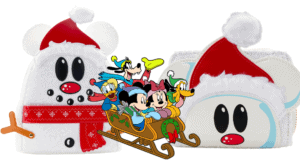Beloved Disney characters glide along in a festive sleigh at the heart of a winter wonderland scene, set against playful snowman-shaped hats topped with Santa hats. A stylish Loungefly Mickey Mouse bag adds holiday flair, capturing the magic of seasonal celebrations at Disney Parks.