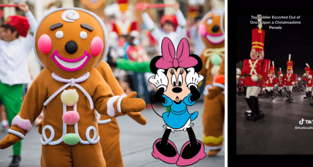 Gingerbread characters, Minnie Mouse, and marching toy soldiers join dancers in vibrant holiday costumes, all bringing the magic of the Once Upon a Christmastime Parade at Magic Kingdom to life.