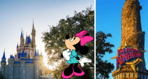 Mickey Mouse stands in front of Cinderella Castle and the iconic Islands of Adventure tower, creating a magical and welcoming atmosphere that highlights Disney World's commitment to inclusivity for every guest.